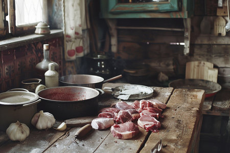 Raw meat on a wooden table in a rustic kitchen. Selective focus.の素材