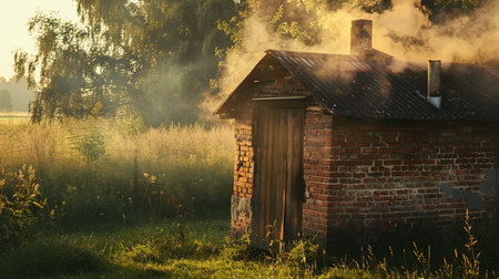 Old house in the meadow at sunrise. Rural landscape with brick chimneyの素材