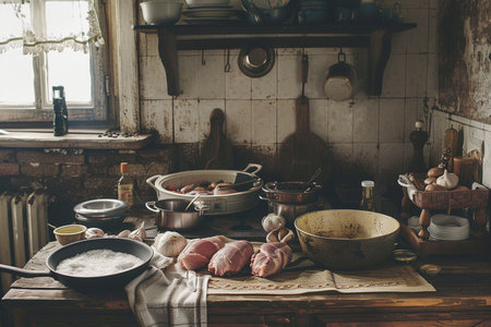 rustic kitchen with lots of cooking utensils and ingredients, still lifeの素材