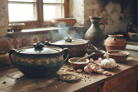 Cooking in a rustic kitchen, vintage style, selective focusの素材