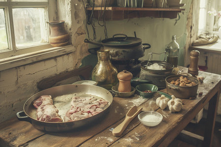 Preparation of meat in a frying pan on the kitchen tableの素材