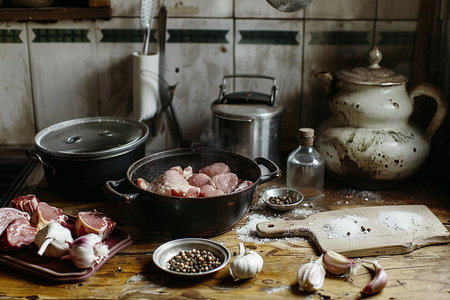 Raw meat in a frying pan with spices on an old kitchen tableの素材