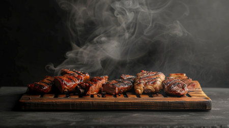 Delicious grilled meat on wooden board against dark background, closeupの素材