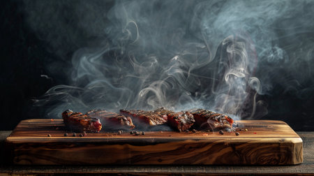 Steak of beef on a wooden board with smoke on a dark backgroundの素材
