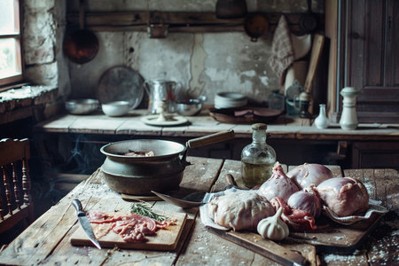 Still life with raw meat on a wooden table in a rustic kitchenの素材