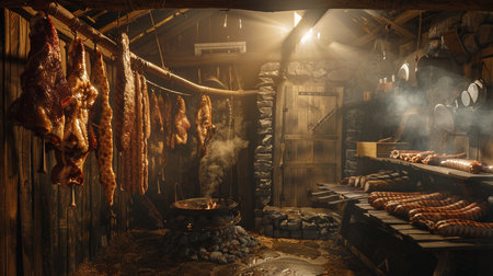 Smoked meat in the cellar of the old sausages.の素材