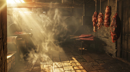 Hanging sausages on the spit in the smoke in a restaurantの素材