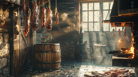 Sausage hanging on a fire in a rustic style.の素材