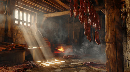smoked sausages in the smoke in the old sausages factoryの素材