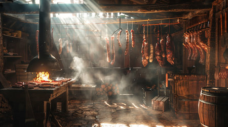 Hanging sausages and smoked meat in a traditional chaletの素材