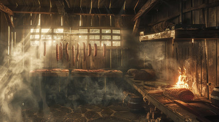 Traditional sausages in a wooden sauna. Vintage styles.の素材