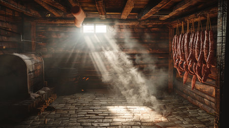Hanging sausages in the old cellar. 3d renderingの素材