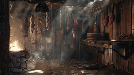 Smoked sausages hanging on a hook in the cellar of a country houseの素材