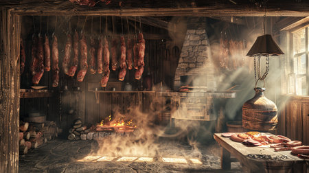 smoked sausages on a wooden table in a restaurant.の素材