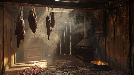 smoked sausages hang in the smoke of a meat factoryの素材