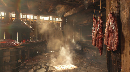 Smoked sausages hanging on the fire in the old houseの素材