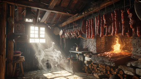Sausages in a butcher shop in the village. 3D renderingの素材