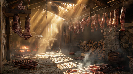 Hanging sausages in a log house in the village.の素材