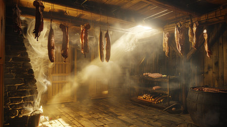 smoked meat hanging on the wall in the old country house.の素材