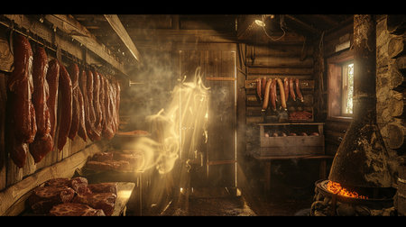 Smoked meat in a butcher shop in the mountains. Night scene.の素材