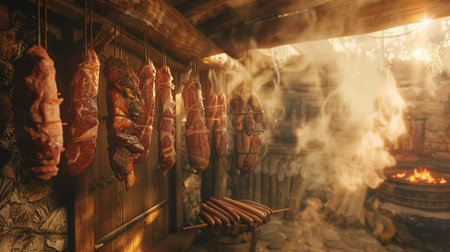 Traditional smoked sausages hanging on the rack in a butcher shopの素材