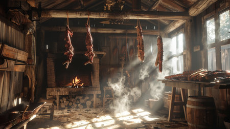 Hanging sausages in a rustic wooden log house.の素材
