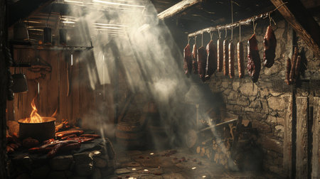 Hanging sausages in a rustic cellar with fire.の素材