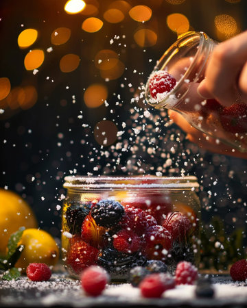 Close up of female hands sprinkling sugar on jar with fresh berries.の素材