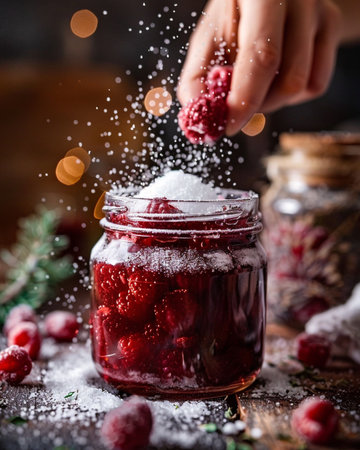 Cranberry jam in a glass jar. Selective focus.の素材