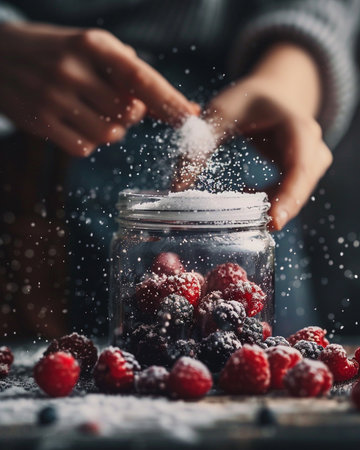 Close up of female hands sprinkling powdered sugar on berries in jarの素材