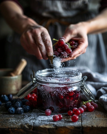 Homemade jam in a glass jar with fresh berries, selective focusの素材