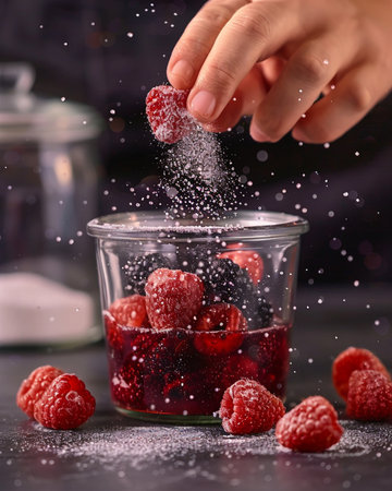 Close-up of a woman's hand sprinkling raspberry jam.の素材