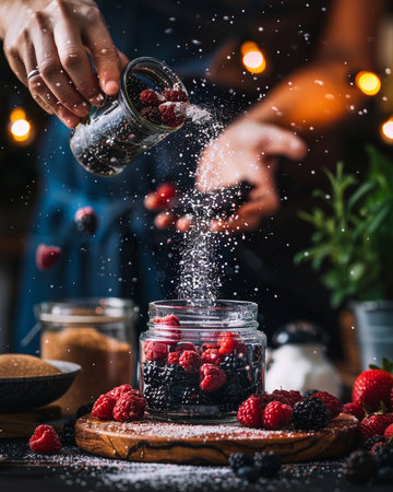 Close up of woman's hands pouring blackberries and raspberries into a glass jar.の素材