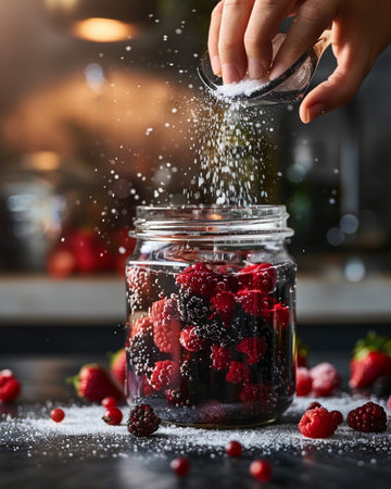 Close-up of female hand pouring sugar into jar with fresh berriesの素材