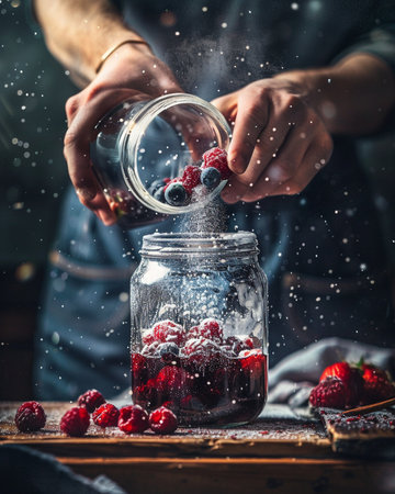 Male hands pouring frozen berries into glass jar on wooden rustic tableの素材