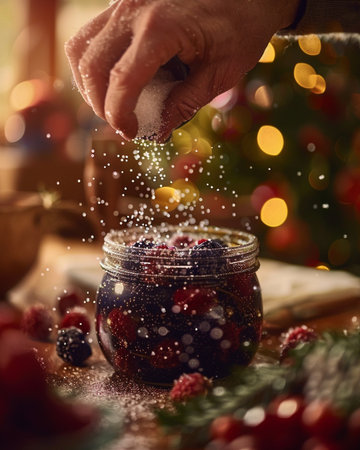 Man sprinkling sugar on jar of jam with berries on Christmas backgroundの素材