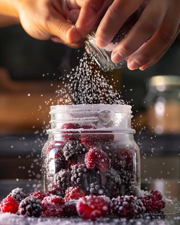 Close-up of female hands sprinkling powdered blackberry and raspberries in a jarの素材