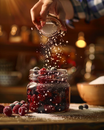 Woman sprinkling berry jam in glass jar on wooden table.の素材