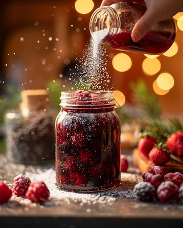 Jar of jam with fresh berries on wooden table with bokeh backgroundの素材