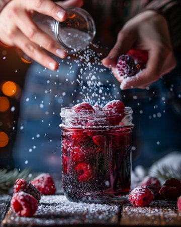 Close up of female hands sprinkling frozen raspberries with sugarの素材