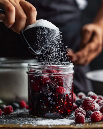 Close up of female hands pouring sugar into jar with fresh raspberries and blackberriesの素材