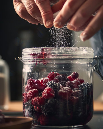 man sprinkling powdered blackberries and raspberries in a jarの素材