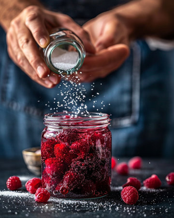 fresh raspberries in a glass jar with sugar on a black backgroundの素材