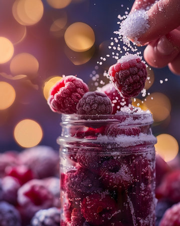 Frozen berries in a glass jar on a dark background. Selective focus.の素材