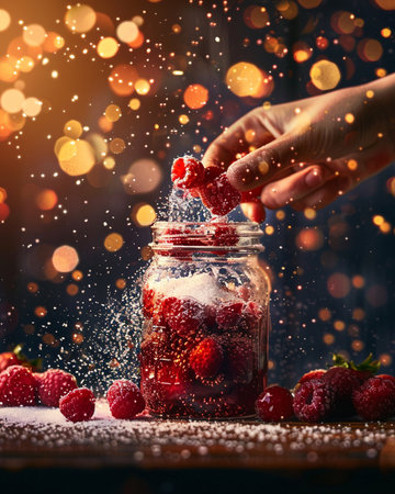 Close up of female hand pouring raspberry jam into glass jar with berries on dark backgroundの素材