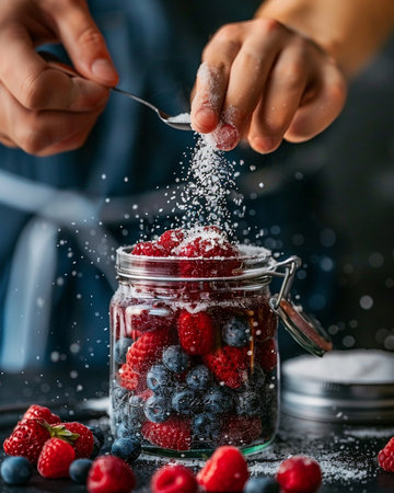 young male confectioner sprinkles sugar on fresh berries in jarの素材
