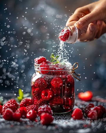 Strawberry jam in glass jar with falling berries on dark backgroundの素材
