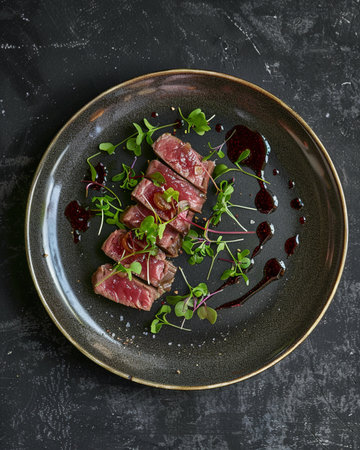 Slices of beef tenderloin with microgreens and berry sauce on black background, top viewの素材