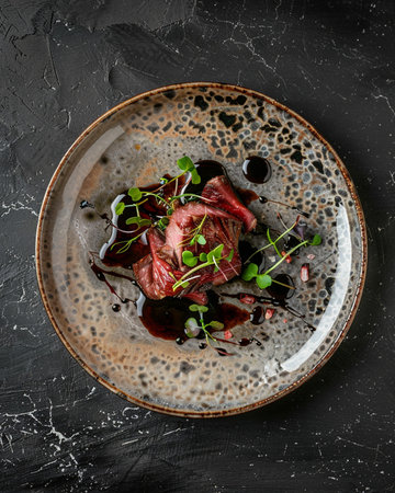 Beef tenderloin with herbs and balsamic vinegar on black marble background, top viewの素材