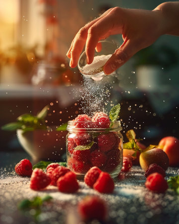 Closeup of woman's hand pouring fresh raspberries into glass jarの素材
